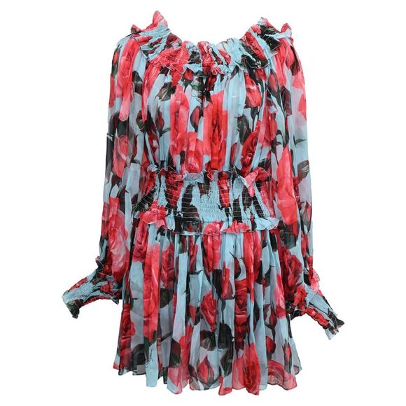 Dolce & Gabbana Cold-Shoulder Floral-Print Mini Dress in Multicolor Silk